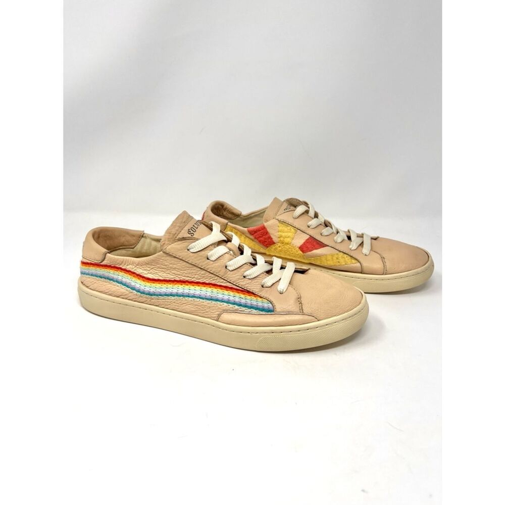 Soludos Ibiza Classic Rainbow Sun Embroidered Peach Leather Sneakers Size 11
